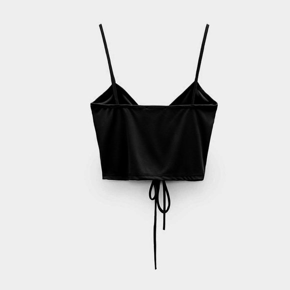 NEW Zara Black Gathered Ruched V Neck Stretch Knit Cropped Cami Top Size Large L - Picture 6 of 8